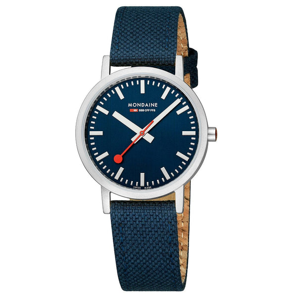 MONDAINE CLASSIC PETITE SILVER-CASE WATCH WITH DEEP OCEAN BLUE SUSTAINABLE-STRAP A660.30314.40SBD  36MM