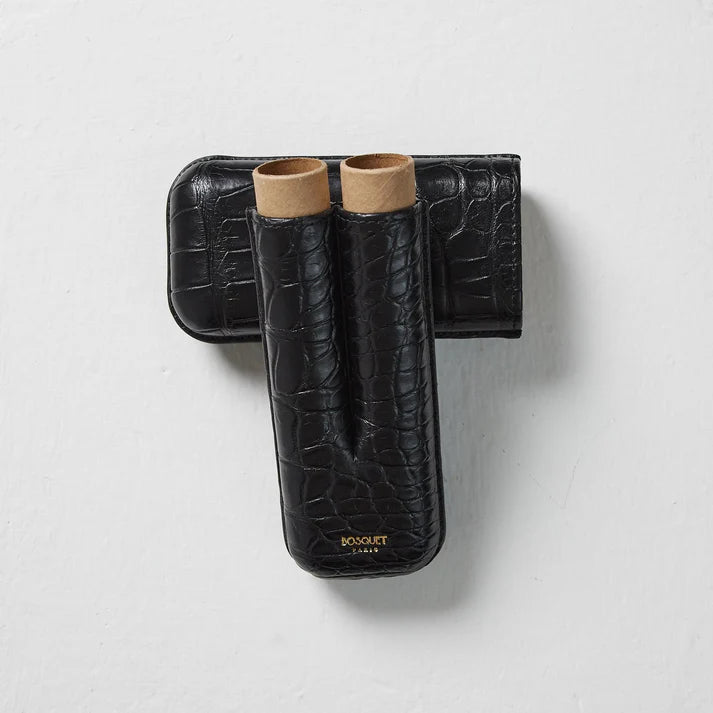 BOSQUET-PARIS Genuine Crocodile Leather Rectangular Case for 2 Cigars - Black TL2CROCBLK