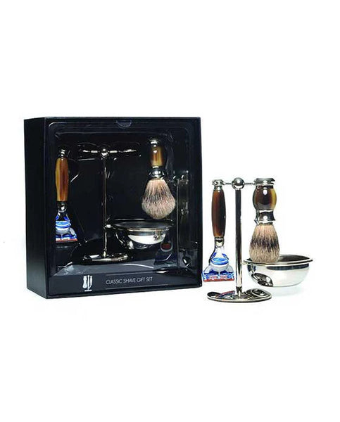 PureBadger Collection Brown 4pc Set, Faux Horn Silvertip Shaving Brush, Fusion Razor, Stand & Bowl