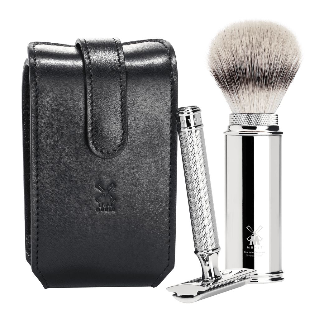 MUHLE - TRAVEL Shaving Brush and Safety Razor Leather Black RT 3 SR