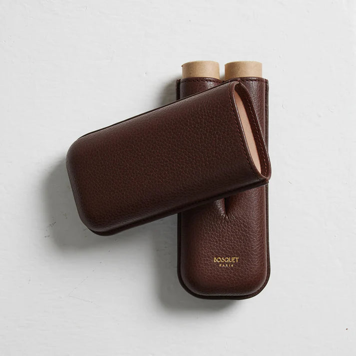 BOSQUET-PARIS Grained Calf Leather Case For 2 Cigars- Dark Brown TL2DB