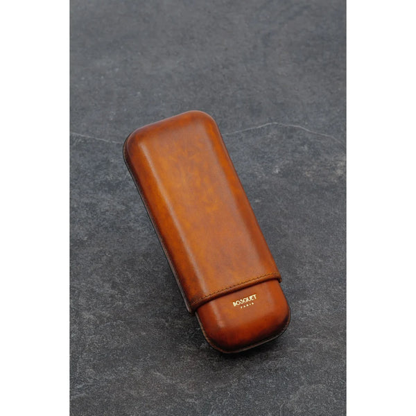 BOSQUET-PARIS Rectangular Patina Finish Savane Leather Case For 2 Cigars TLPS
