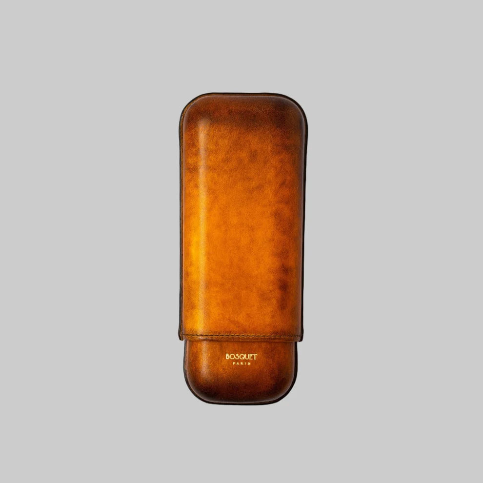 BOSQUET-PARIS Rectangular Patina Finish Savane Leather Case For 2 Cigars TLPS