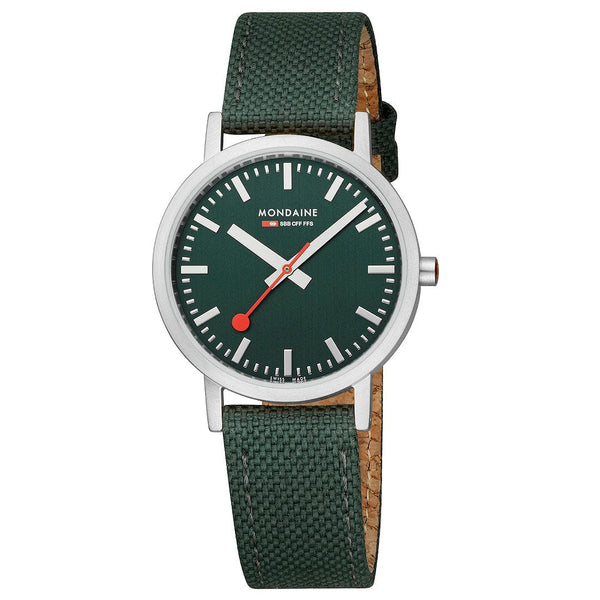 MONDAINE CLASSIC PETITE SILVER-CASE WATCH WITH FOREST GREEN SUSTAINABLE-STRAP A660.30314.60SBF  36MM