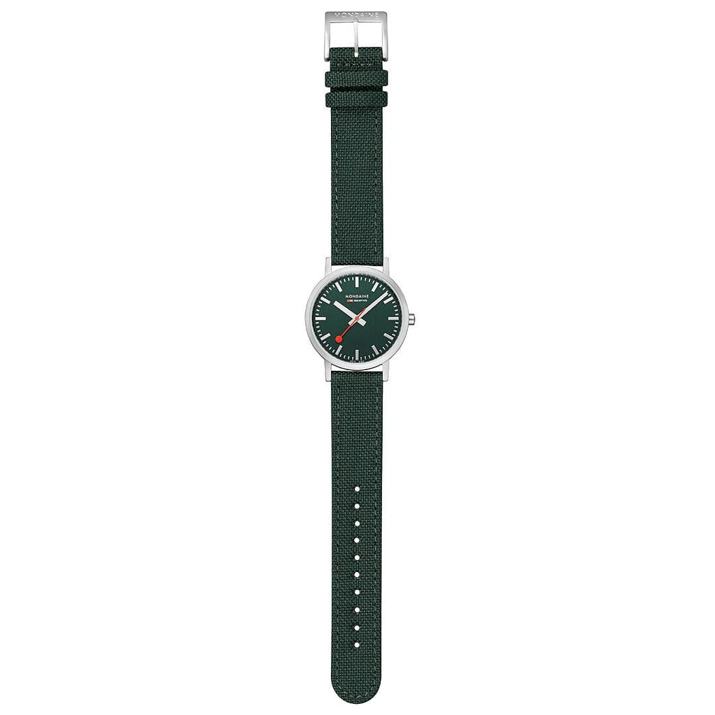 MONDAINE CLASSIC PETITE SILVER-CASE WATCH WITH FOREST GREEN SUSTAINABLE-STRAP A660.30314.60SBF  36MM