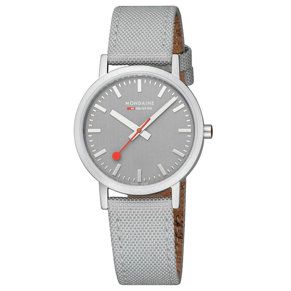 MONDAINE CLASSIC PETITE SILVER-CASE WATCH WITH GOOD GRAY SUSTAINABLE-STRAP A660.30314.80SBH  36MM