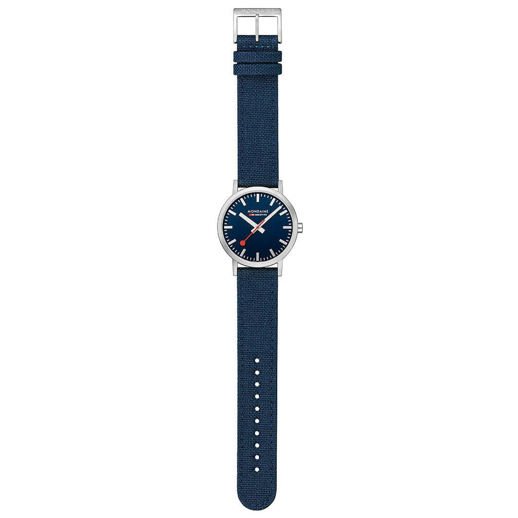 MONDAINE LARGE SILVER-CASE WATCH WITH DEEP OCEAN BLUE SUSTAINABLE-STRAP A660.30360.40SBD  40MM