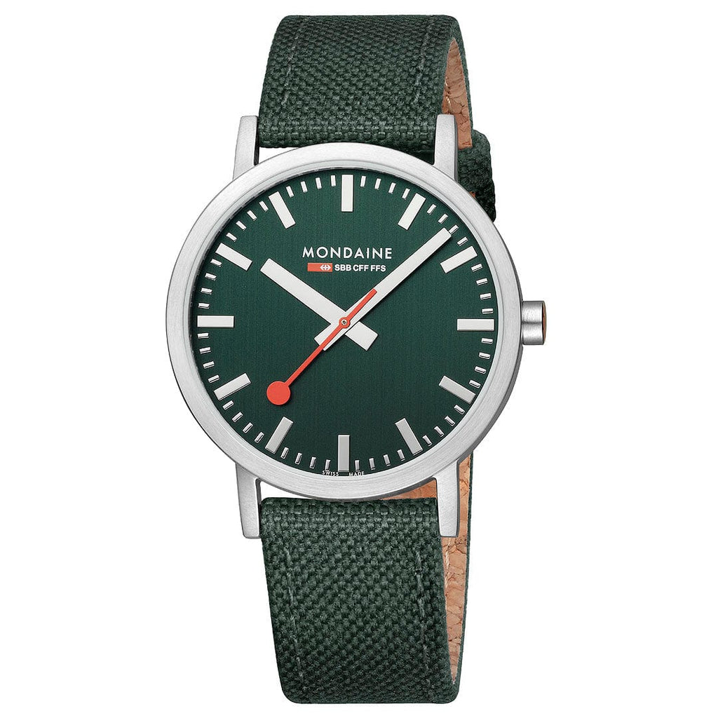 MONDAINE LARGE SILVER-CASE WATCH WITH FOREST GREEN SUSTAINABLE-STRAP A660.30360.60SBF  40MM
