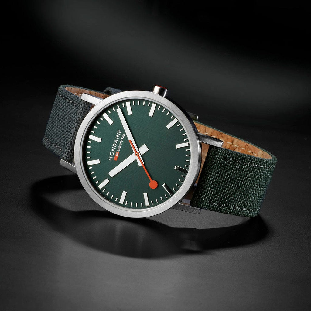 MONDAINE LARGE SILVER-CASE WATCH WITH FOREST GREEN SUSTAINABLE-STRAP A660.30360.60SBF  40MM