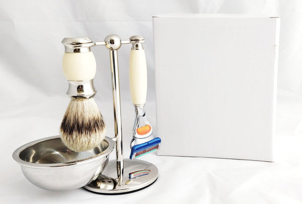 PureBadger Collection Cream 4pc Set, Faux Ivory Silvertip Shaving Brush, Fusion Razor, Stand & Bowl