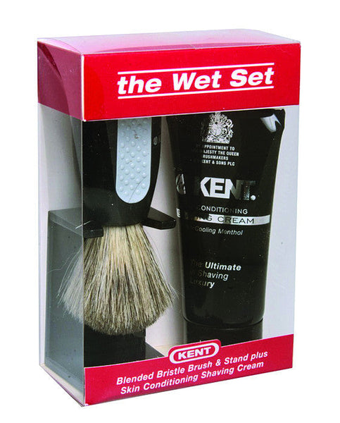 Kent 3pc Shaving Set, Blended Bristle Brush, Shaving Cream, Black Stand, In Box (K-WET SET)