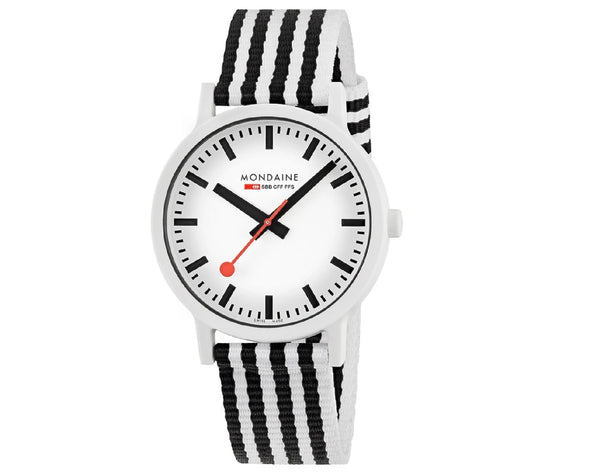 Mondaine ESSENCE 41mm, black and white sustainable watch , MS1.41110.LA