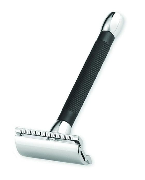 Merkur 20B Double Edge Safety Razor, Straight Cut, Chrome, Extra Long Black Handle