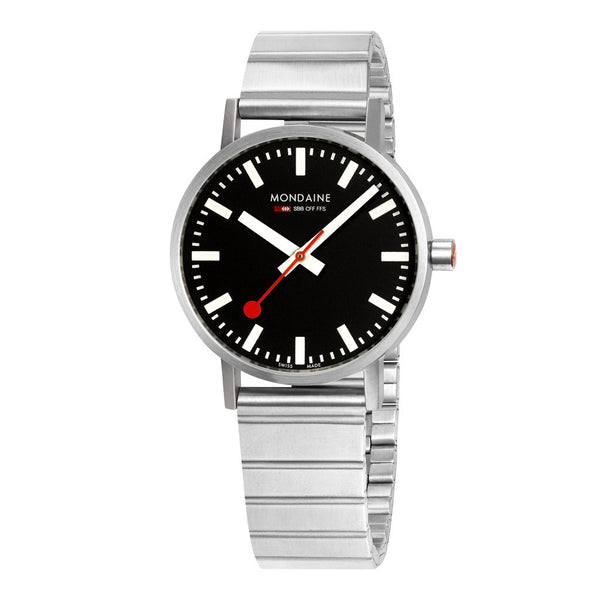 MONDAINE CLASSIC  SILVER BRUSHED BLACK DIAL WATCH WITH BRACELET STRAP A660.30314.16SBW
