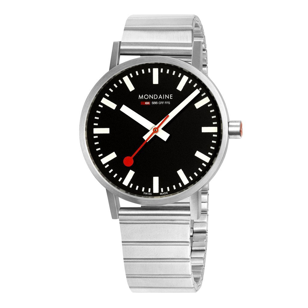 MONDAINE CLASSIC  SILVER BRUSHED BLACK DIAL WATCH WITH BRACELET STRAP A660.30360.16SBW