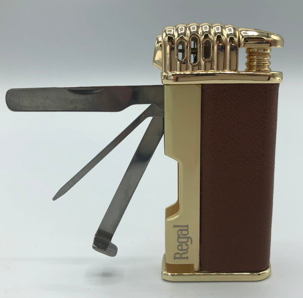 Regal Pipe Lighter - Gold and Brown Leather