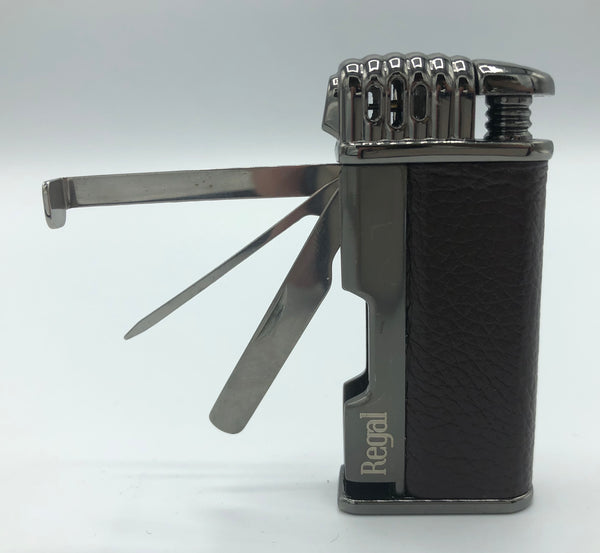 Regal Pipe Lighter - Gun Metal and Brown Leather